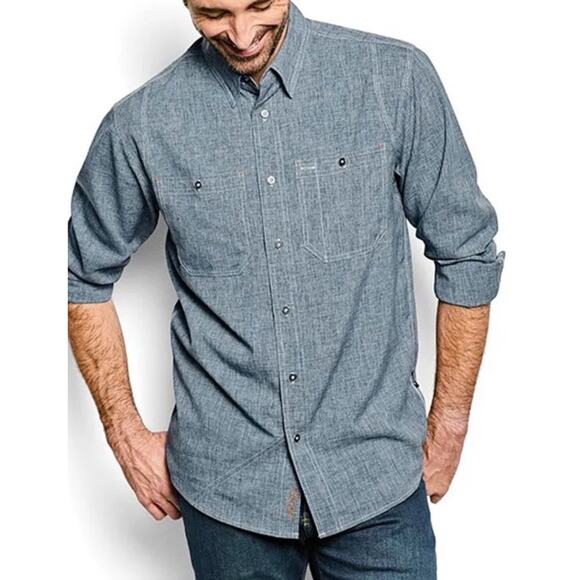 Orvis Men's Large Tall Green Chambray Tech LS Performance Work Shirt Button Up - Picture 2 of 10
